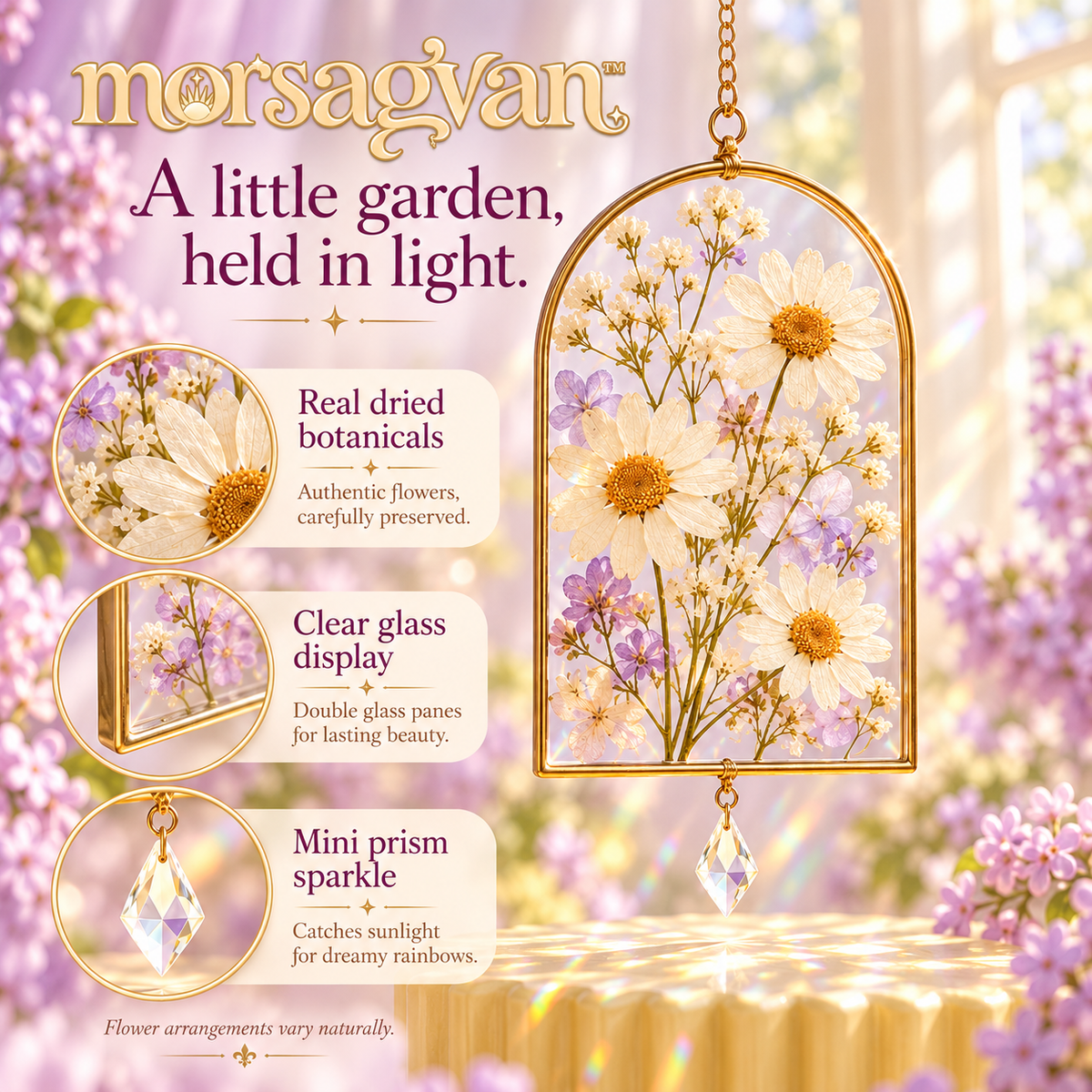 morsagvan™ PetalArchive Pressed Flower Suncatcher — Arched Glass Botanical Hanging with Mini Prism, Cottage-Inspired Window Decor