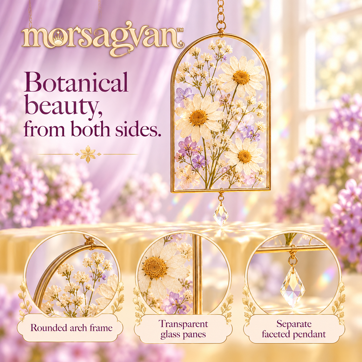 morsagvan™ PetalArchive Pressed Flower Suncatcher — Arched Glass Botanical Hanging with Mini Prism, Cottage-Inspired Window Decor