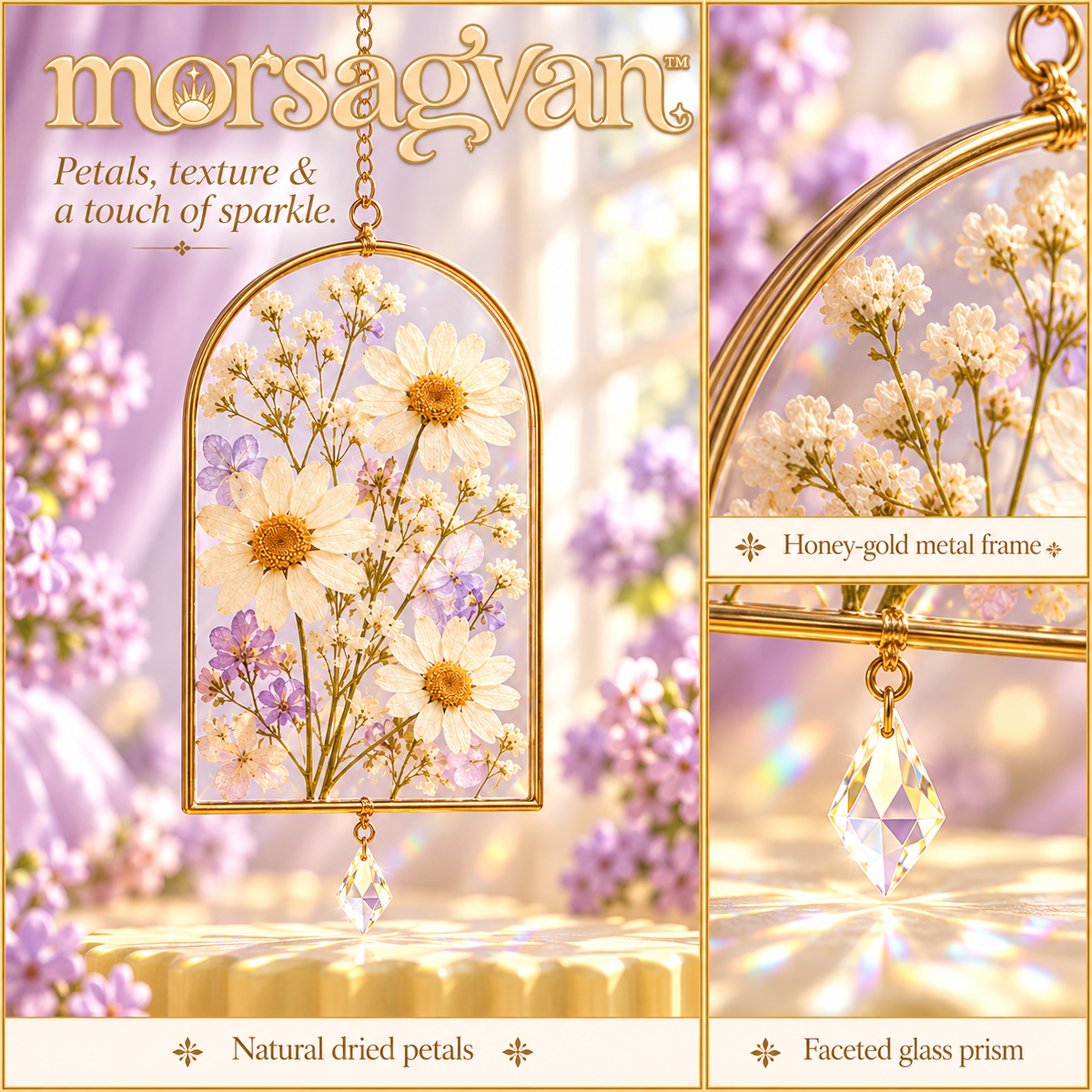 morsagvan™ PetalArchive Pressed Flower Suncatcher — Arched Glass Botanical Hanging with Mini Prism, Cottage-Inspired Window Decor