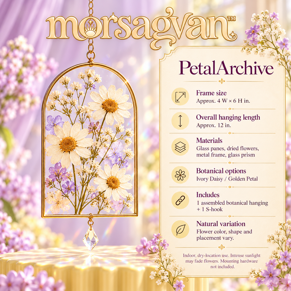 morsagvan™ PetalArchive Pressed Flower Suncatcher — Arched Glass Botanical Hanging with Mini Prism, Cottage-Inspired Window Decor