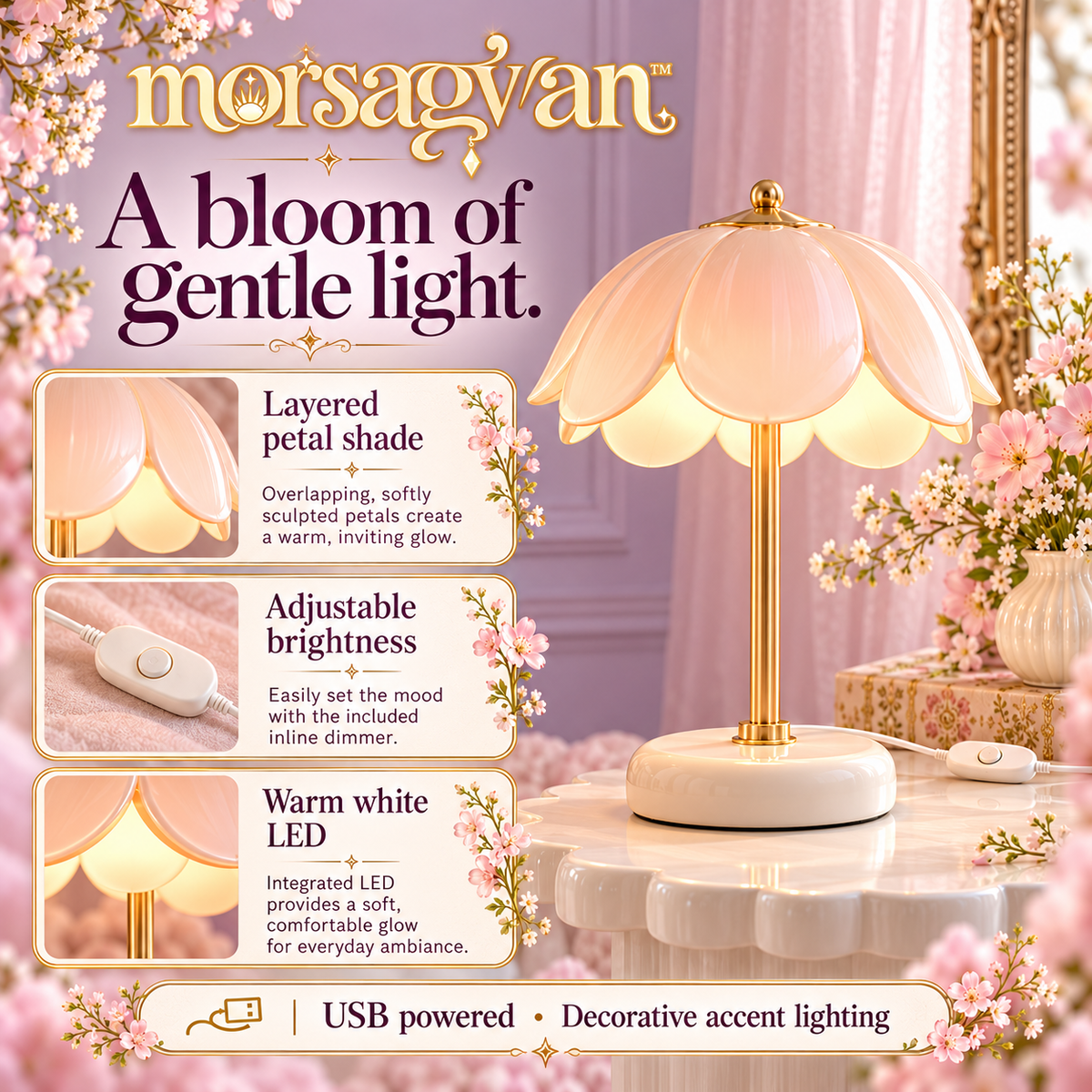 morsagvan™ BloomShade Flower LED Table Lamp — Scalloped Peach Petal Shade, Warm White USB Accent Light