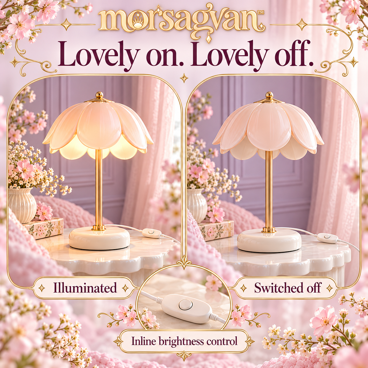 morsagvan™ BloomShade Flower LED Table Lamp — Scalloped Peach Petal Shade, Warm White USB Accent Light