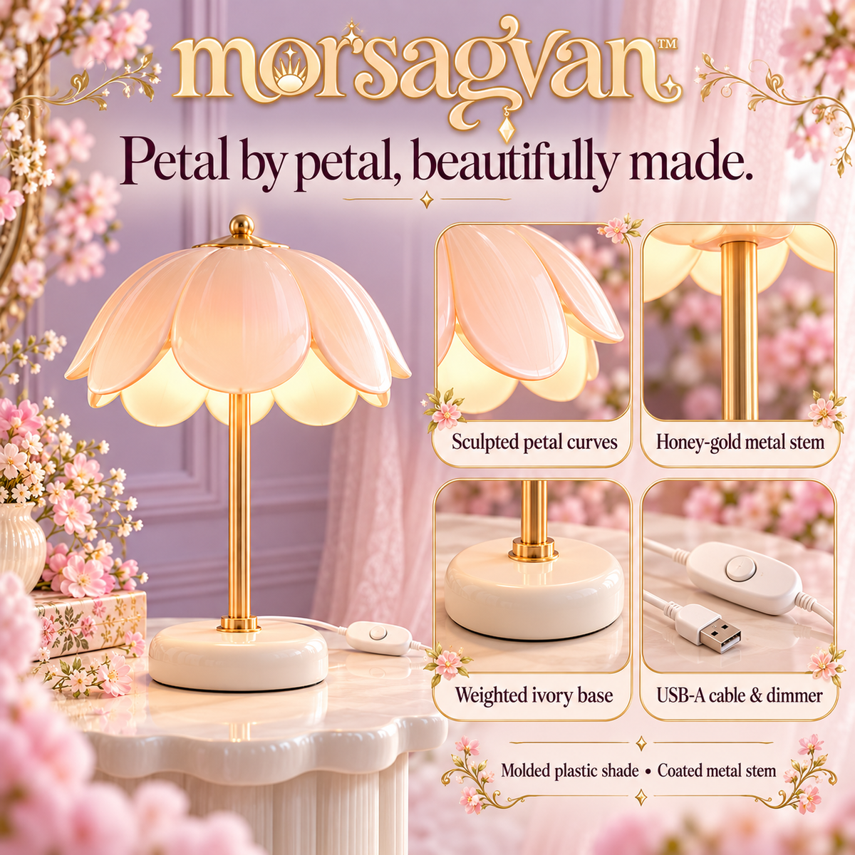 morsagvan™ BloomShade Flower LED Table Lamp — Scalloped Peach Petal Shade, Warm White USB Accent Light