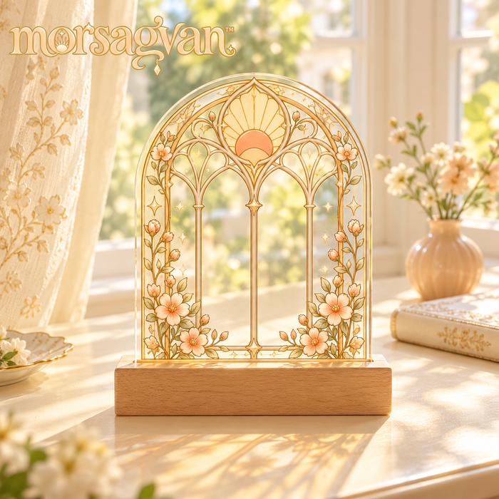morsagvan™ SunroomArch Tabletop Suncatcher — Translucent Acrylic Window Art with Wood Base, Peach Botanical Shelf Decor