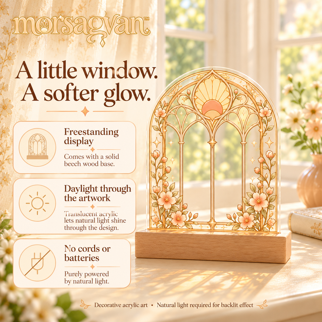 morsagvan™ SunroomArch Tabletop Suncatcher — Translucent Acrylic Window Art with Wood Base, Peach Botanical Shelf Decor
