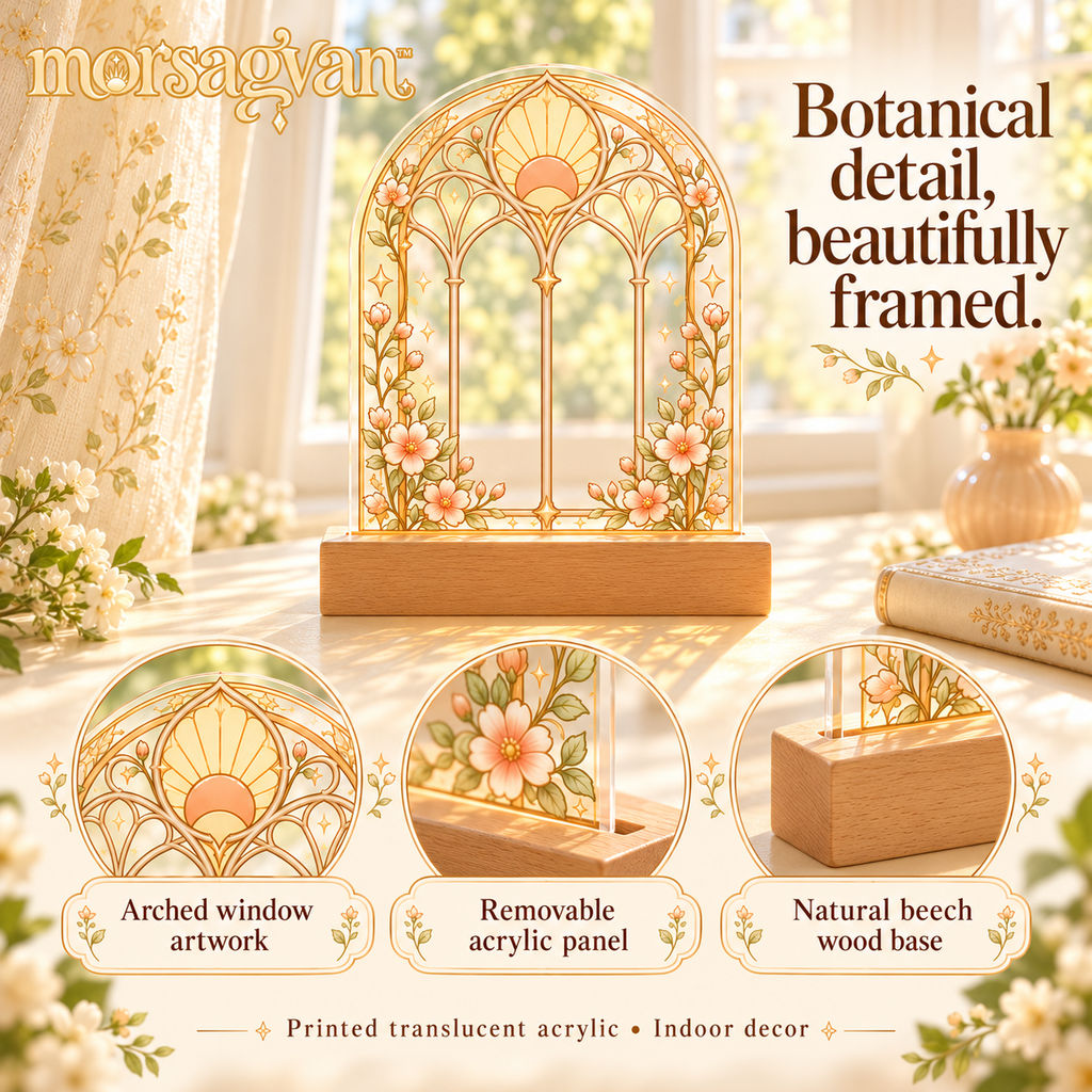 morsagvan™ SunroomArch Tabletop Suncatcher — Translucent Acrylic Window Art with Wood Base, Peach Botanical Shelf Decor