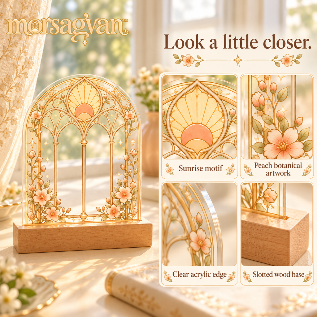 morsagvan™ SunroomArch Tabletop Suncatcher — Translucent Acrylic Window Art with Wood Base, Peach Botanical Shelf Decor