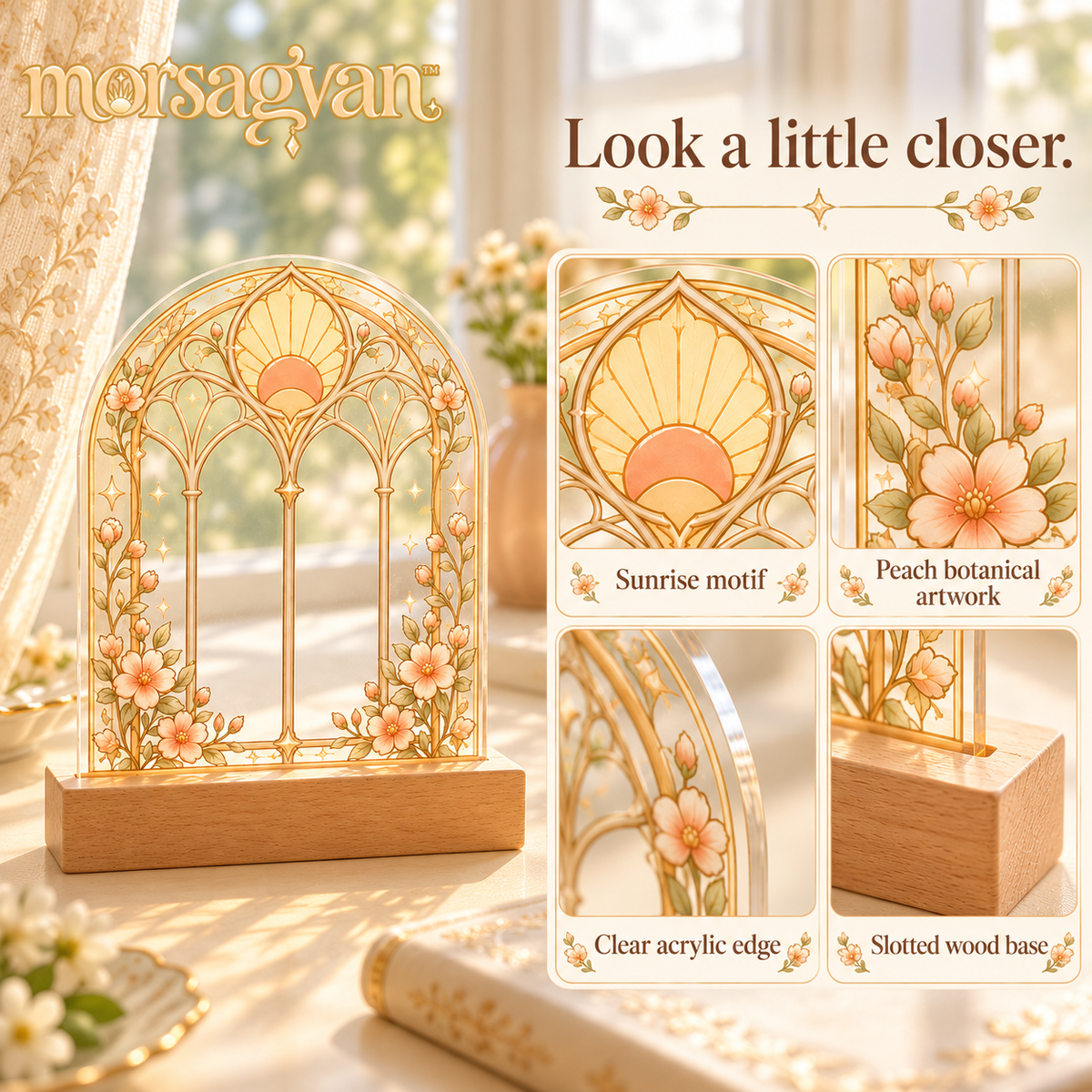 morsagvan™ SunroomArch Tabletop Suncatcher — Translucent Acrylic Window Art with Wood Base, Peach Botanical Shelf Decor