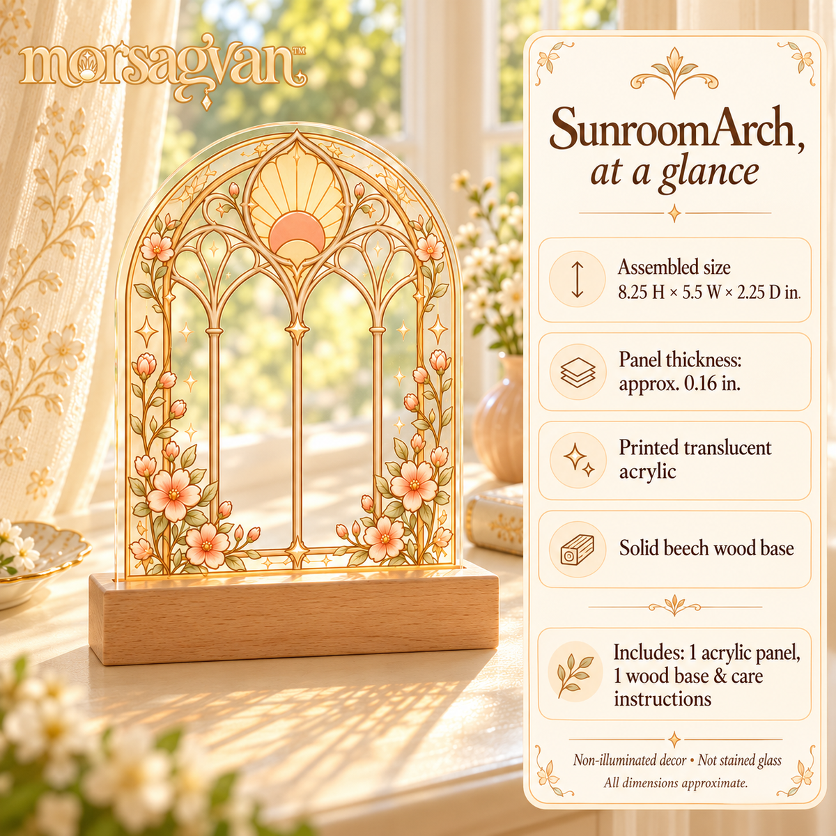 morsagvan™ SunroomArch Tabletop Suncatcher — Translucent Acrylic Window Art with Wood Base, Peach Botanical Shelf Decor