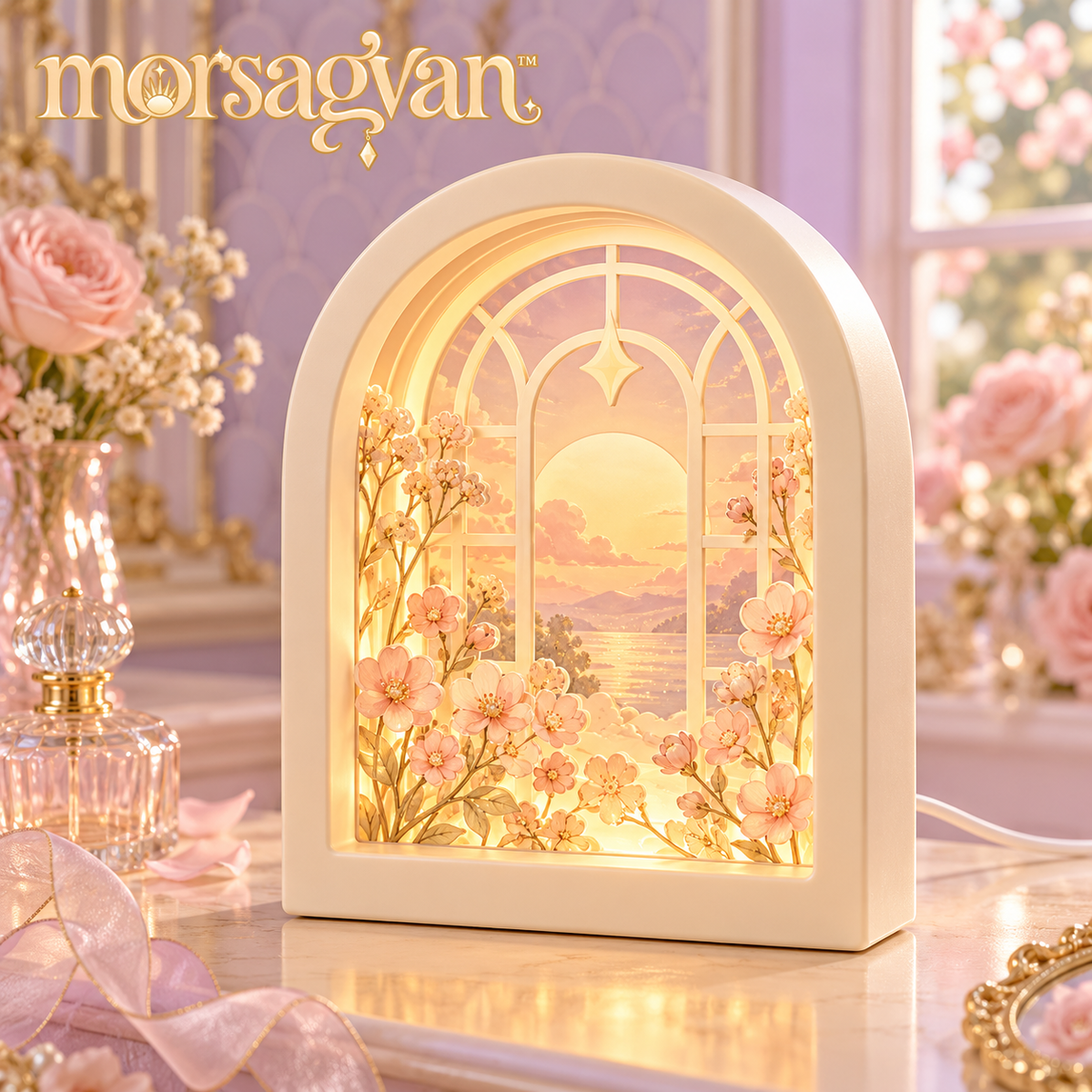 morsagvan™ StoryGlow Layered Arch LED Light — Three-Layer Acrylic Shadowbox, Warm White USB Shelf and Desk Decor