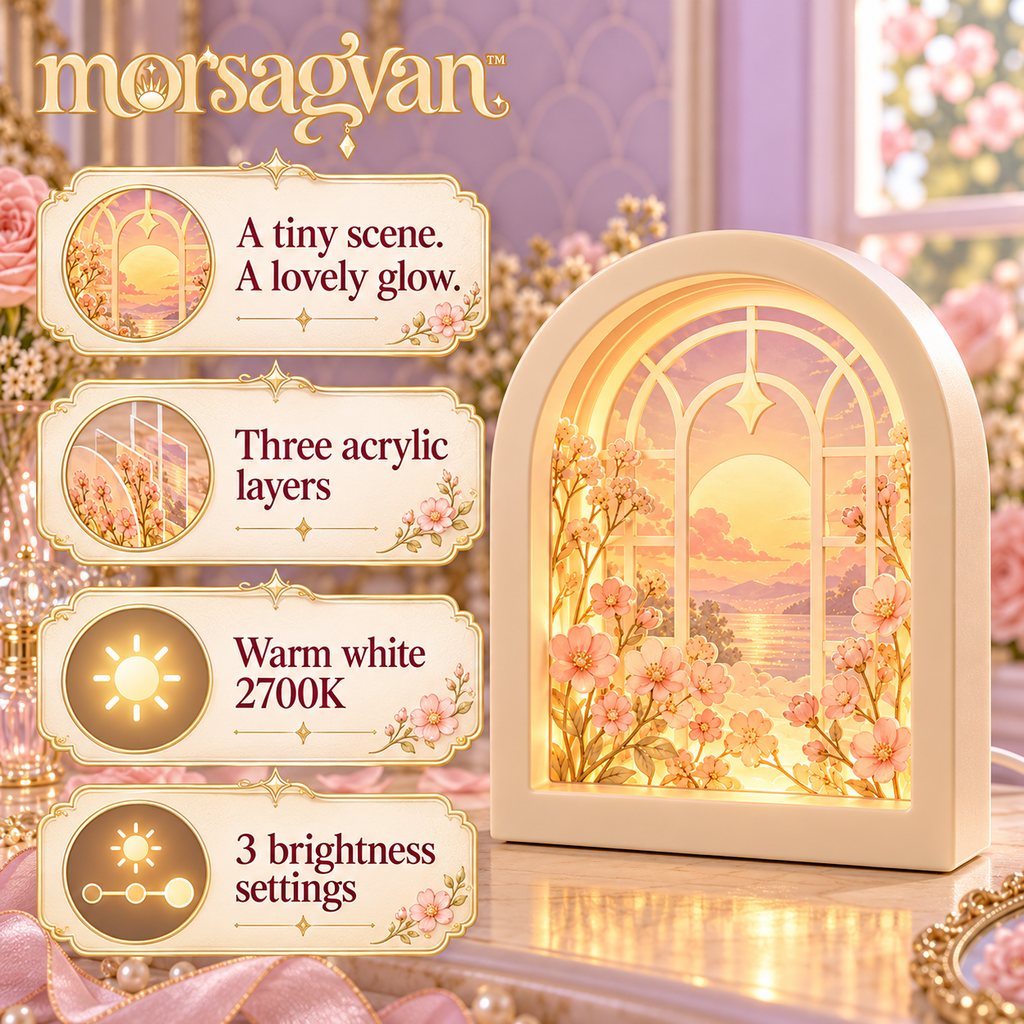 morsagvan™ StoryGlow Layered Arch LED Light — Three-Layer Acrylic Shadowbox, Warm White USB Shelf and Desk Decor