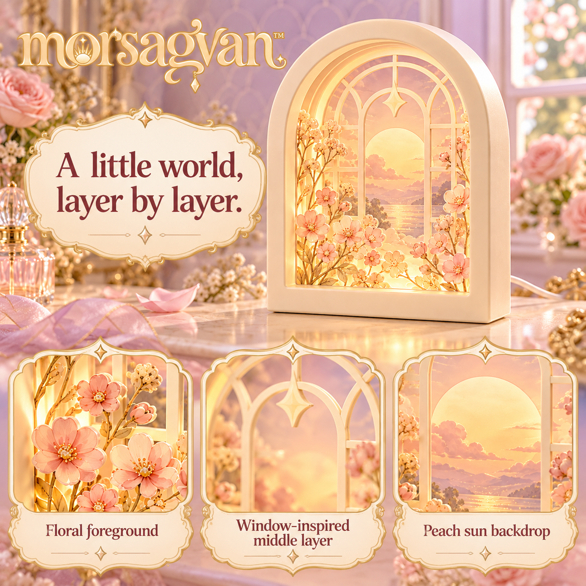 morsagvan™ StoryGlow Layered Arch LED Light — Three-Layer Acrylic Shadowbox, Warm White USB Shelf and Desk Decor