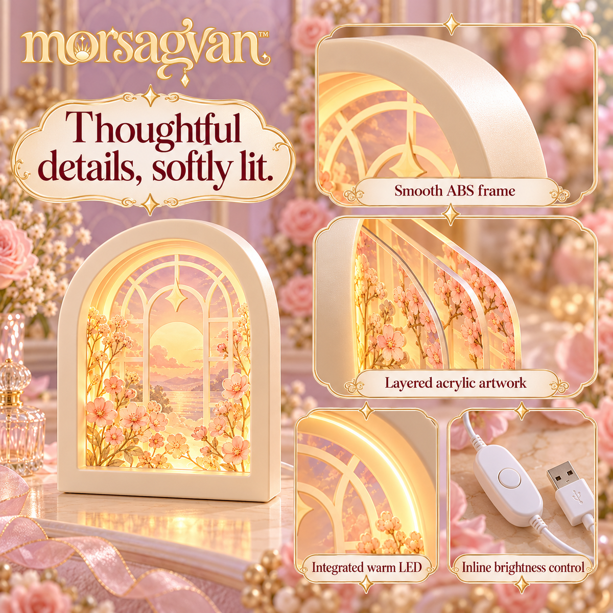 morsagvan™ StoryGlow Layered Arch LED Light — Three-Layer Acrylic Shadowbox, Warm White USB Shelf and Desk Decor