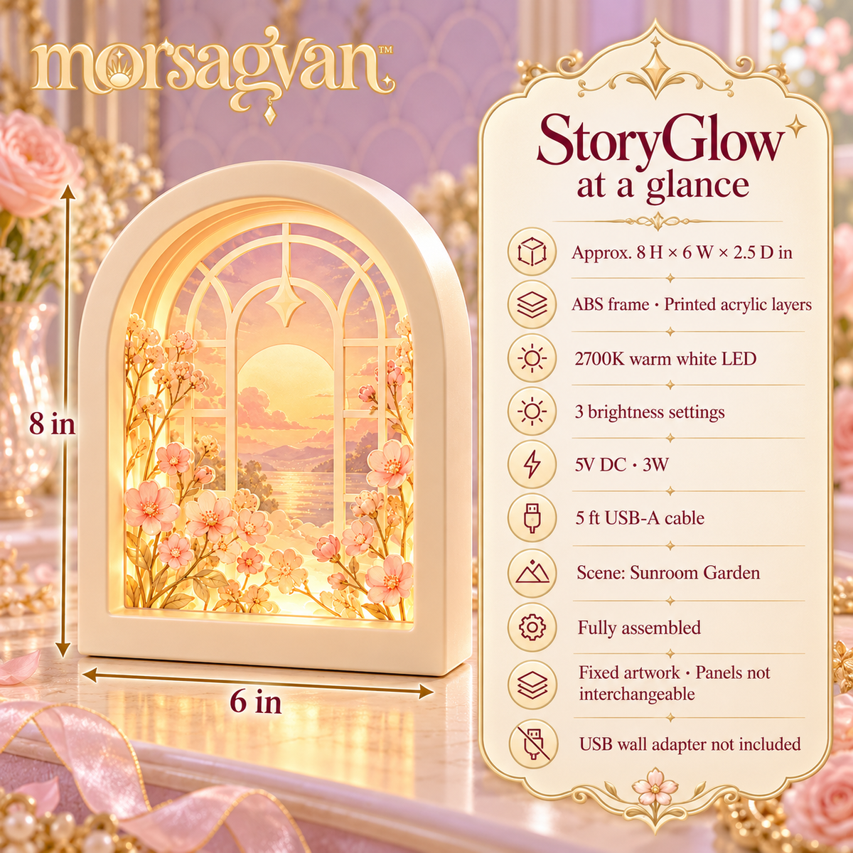morsagvan™ StoryGlow Layered Arch LED Light — Three-Layer Acrylic Shadowbox, Warm White USB Shelf and Desk Decor