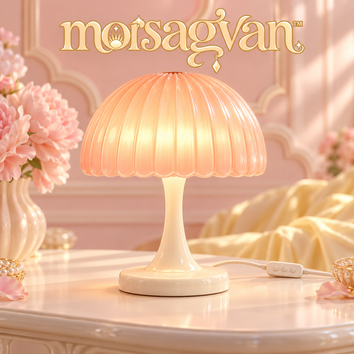 morsagvan™ HoneyRipple Mushroom LED Accent Lamp — Textured Peach Dome, Warm White USB Table Light for Shelves and Nightstands