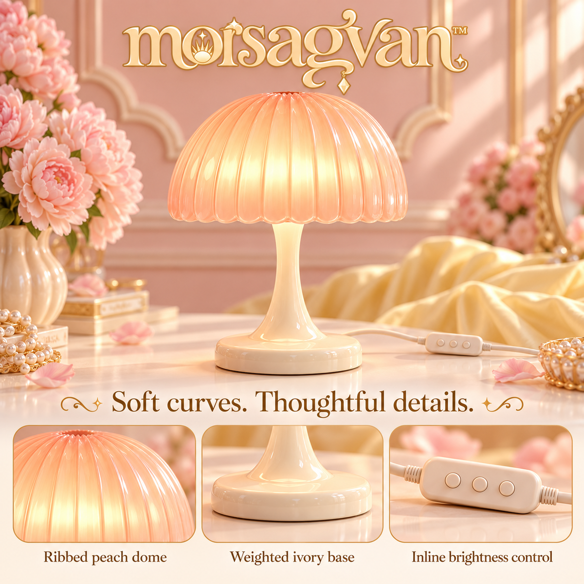 morsagvan™ HoneyRipple Mushroom LED Accent Lamp — Textured Peach Dome, Warm White USB Table Light for Shelves and Nightstands