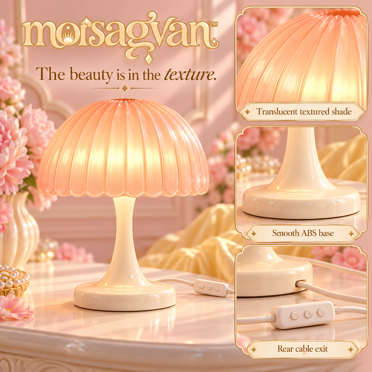 morsagvan™ HoneyRipple Mushroom LED Accent Lamp — Textured Peach Dome, Warm White USB Table Light for Shelves and Nightstands