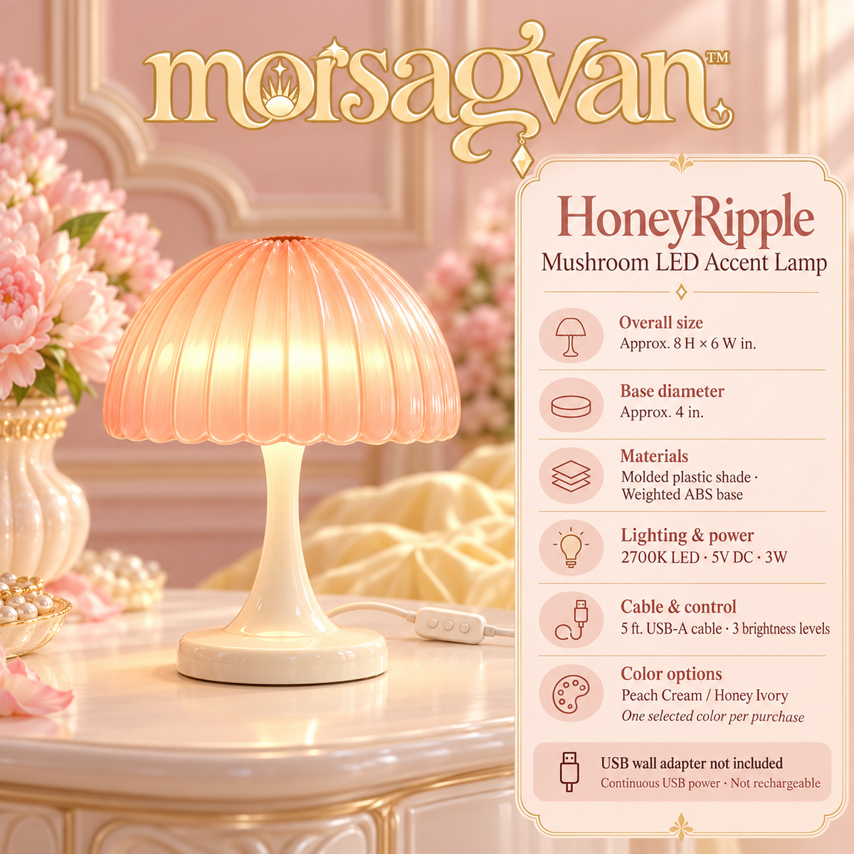 morsagvan™ HoneyRipple Mushroom LED Accent Lamp — Textured Peach Dome, Warm White USB Table Light for Shelves and Nightstands
